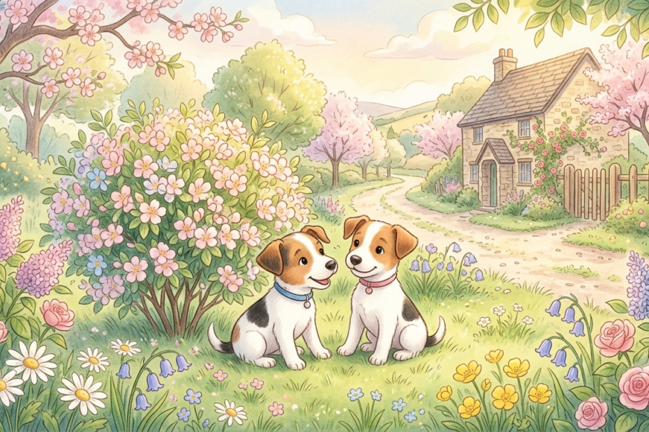 Gennarino e Teresina 1 Due piccoli Jack Russel si ritrovano felici in un giardino di campagna tra luce calda e fiori