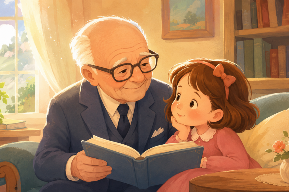 Sandro Pertini, il Presidente dal cuore grande 1 Sandro Pertini mostra un libro a una bambina in una sala luminosa, avvolta da una calda atmosfera serena