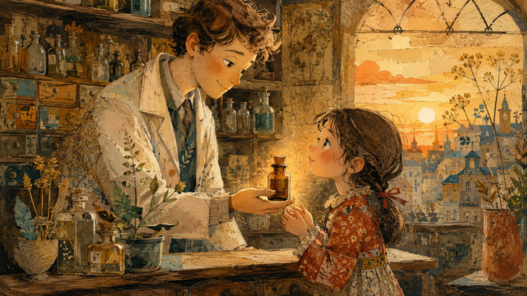Il dottor Roberto porge un boccettino ambrato a una bambina nella vecchia farmacia illuminata dal tramonto