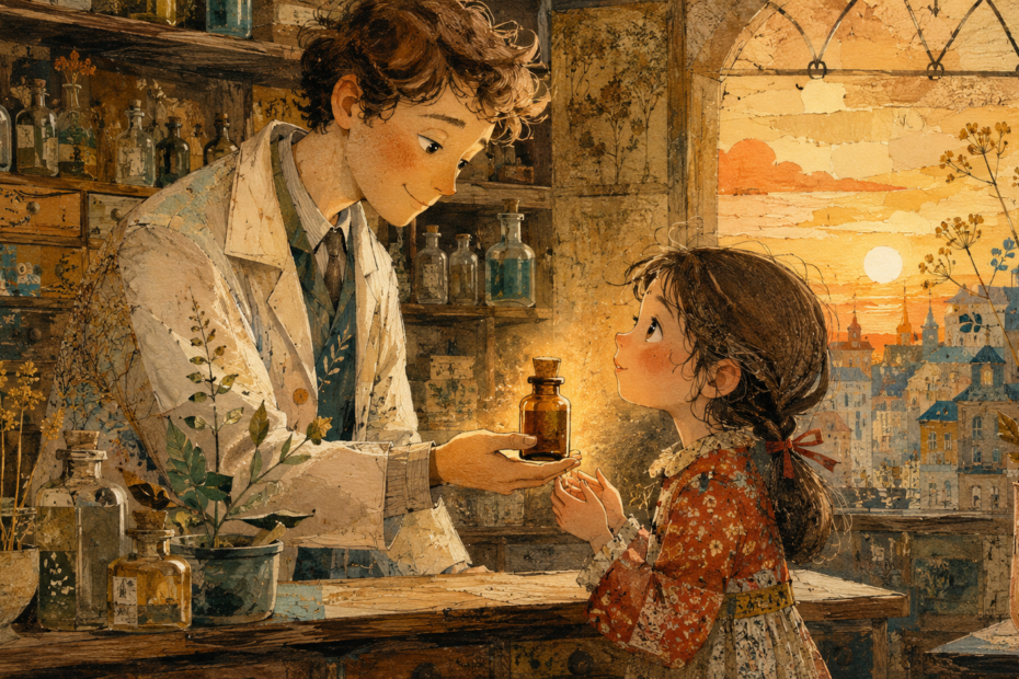 Il Dottor Roberto 1 Il dottor Roberto porge un boccettino ambrato a una bambina nella vecchia farmacia illuminata dal tramonto
