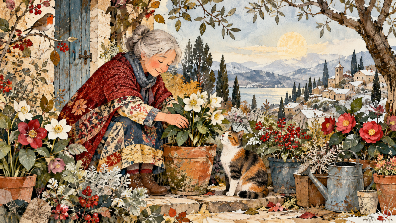 La signora Carla si prende cura dei fiori del suo giardino rigoglioso durante una luminosa giornata d’inverno