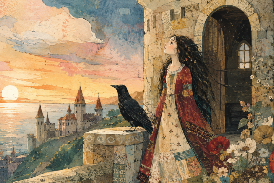 La fanciulla rinchiusa 1 Lavinia libera davanti alla torre del castello osserva il cielo al tramonto accanto al suo fedele corvo