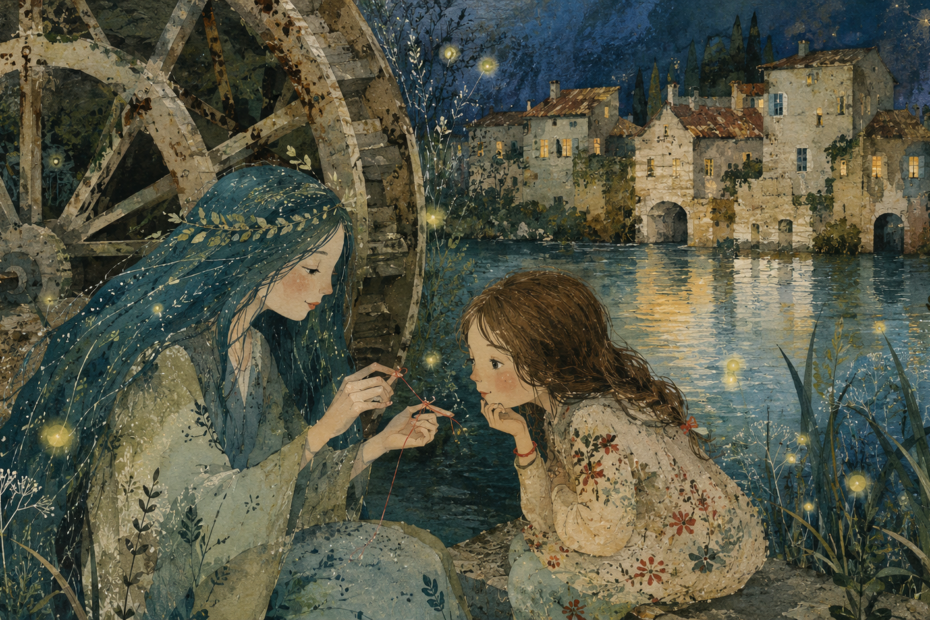 Nerida e la custode del Mincio 1 Nerida e una bambina osservano un filo rosso annodato sulla riva del Mincio, tra lucciole e antichi mulini