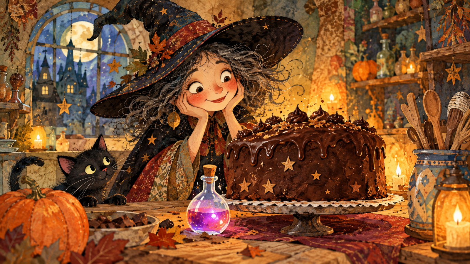 Torta di Halloween con sorpresa 1 Strega Isidora osserva una grande torta al cioccolato e una misteriosa fialetta in una calda sera d'autunno